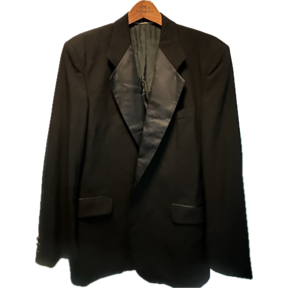 Men’s 42R Black Wool Tuxedo Dinner Jacket Satin Lapel Classic Formal Coat VTG